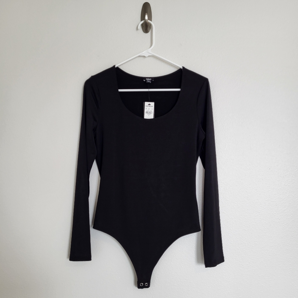 Express Long Sleeve Body Contour Thong Bodysuit, Black